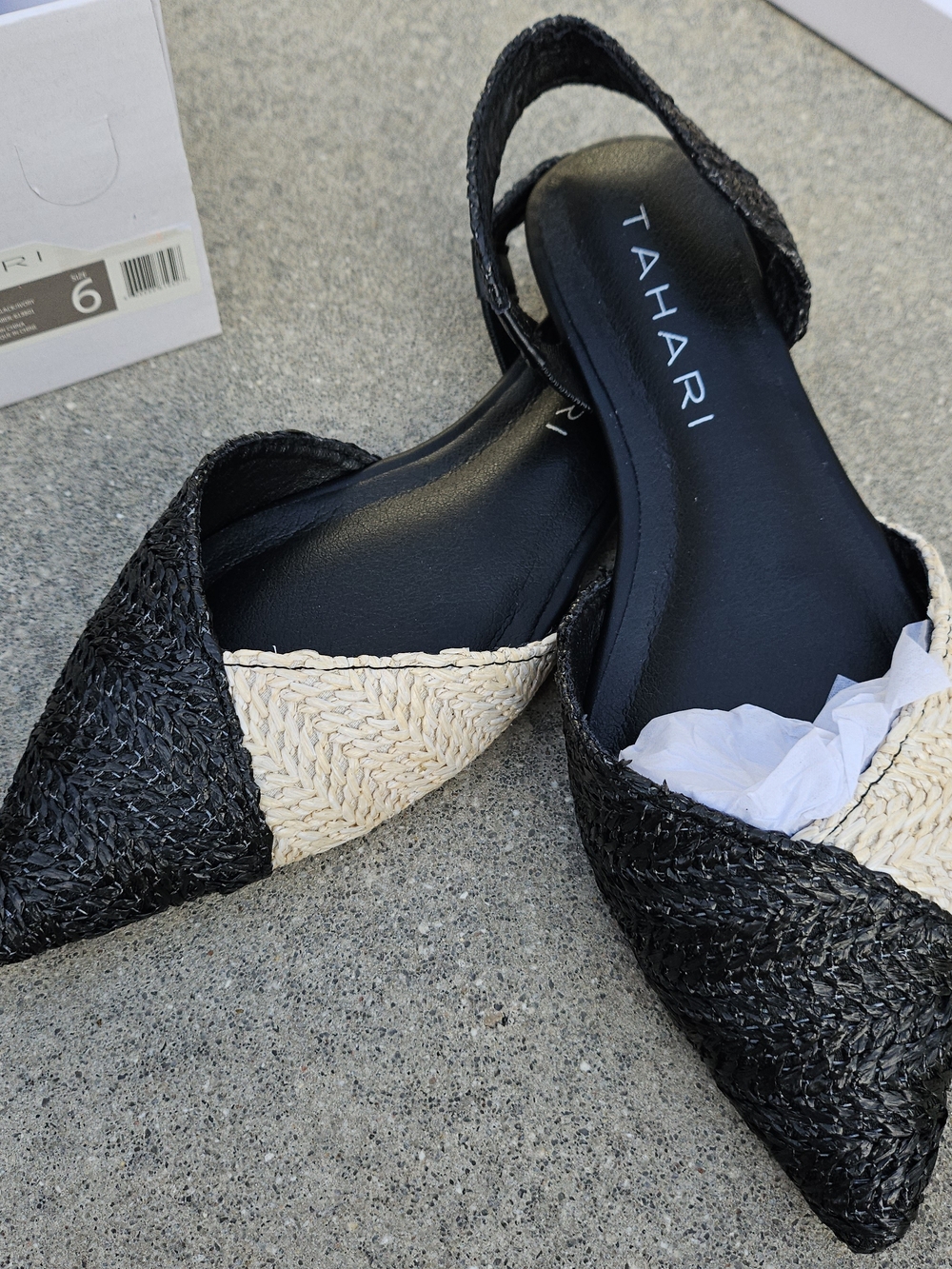 Tahari Black and Cream Woven Pointed Slingback Flats